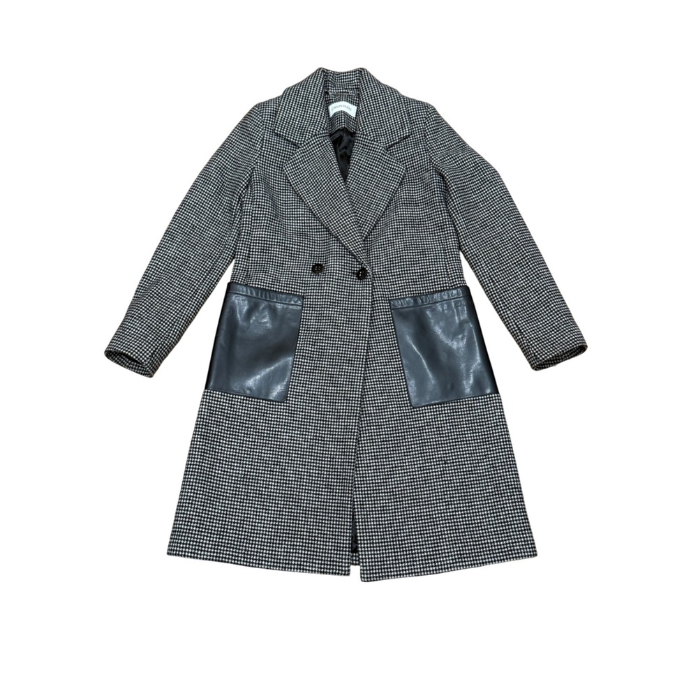 Calvin Klein Womens Houndstooth Double Breasted Coat Faux Leather Pockets XXS